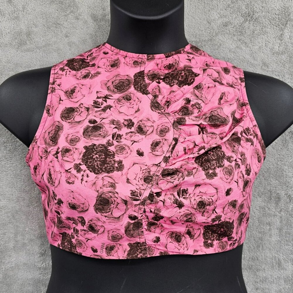 Ganni Cropped Top 36 4 Pink Black Floral Poplin Organic Cotton Logo Self Tie New